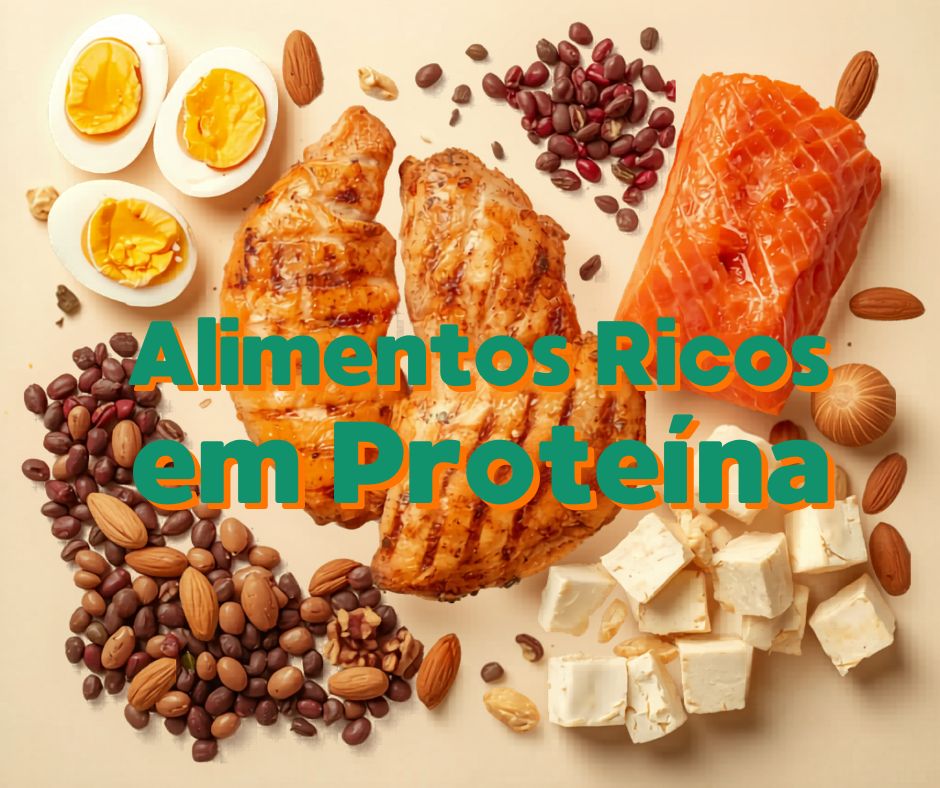 Alimentos ricos em proteína: frango, ovos, salmão, leguminosas e castanhas